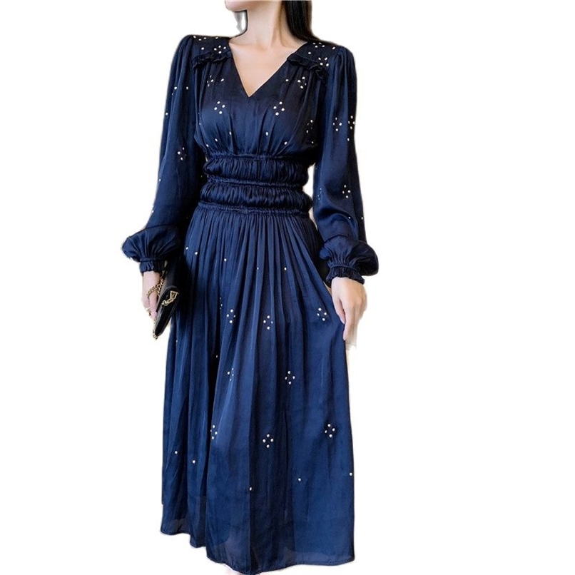 

Fashionable Women's Dress V-neck Waist Retro Rivet Decorated Skirt Spring 210520, Deep blue