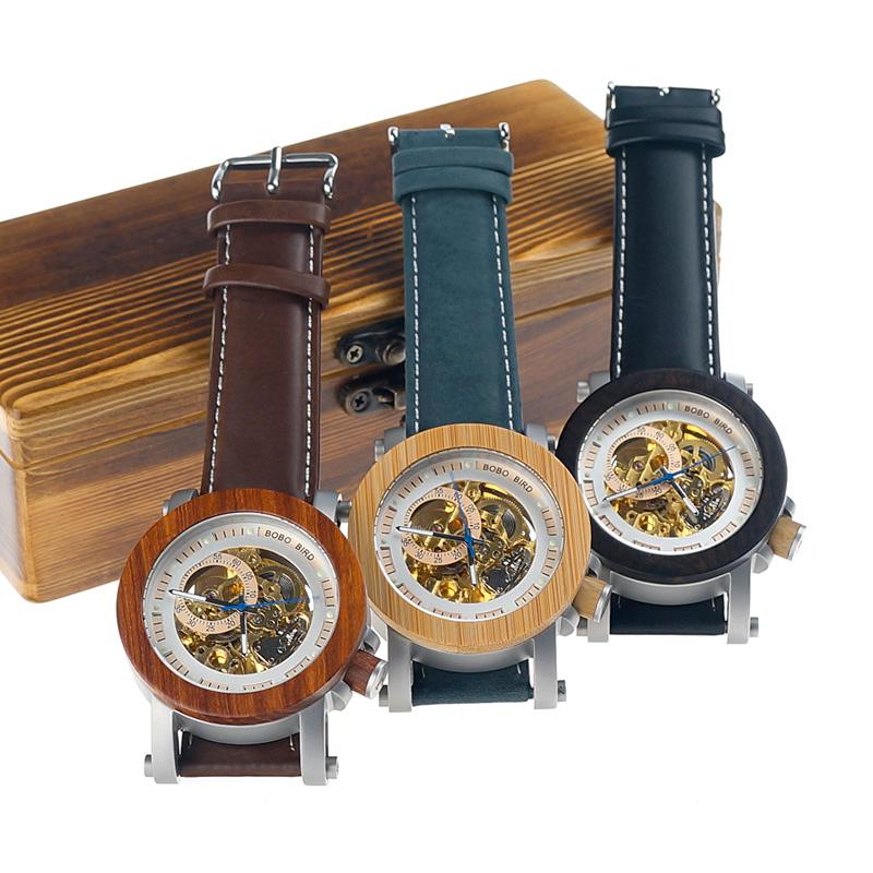 

Wristwatches BOBO BIRD Mens Wooden Watch Mechanical Top With Real Leather Strap In Gift Box Relojes Hombre, K10