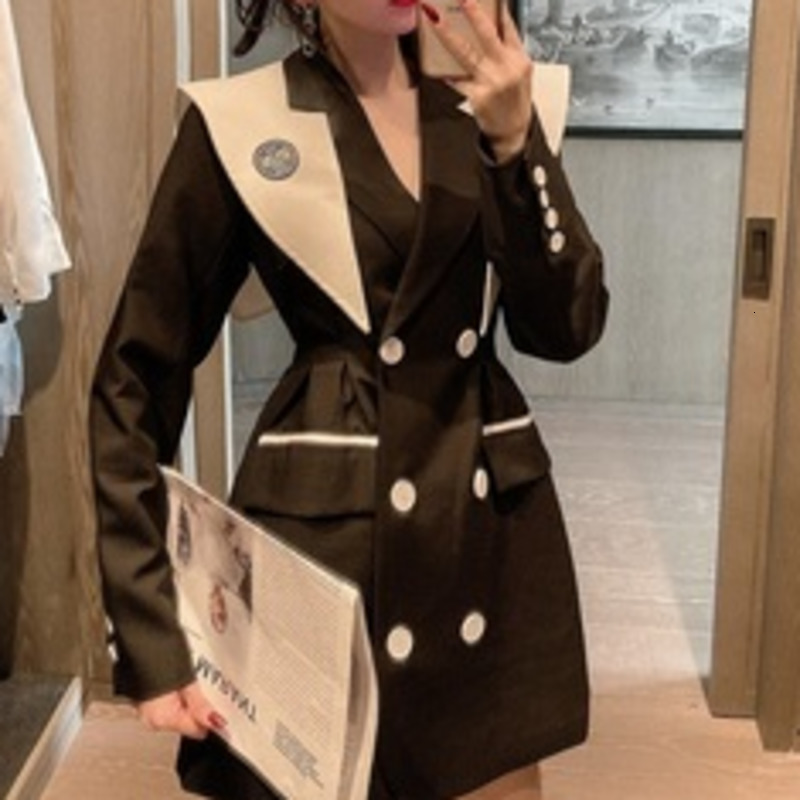 

women's suits & blazers [ewq] blazer casual da moda costura feminino, solto com gola azul marinha, contraste e cor, de outono , 16e1699, White;black