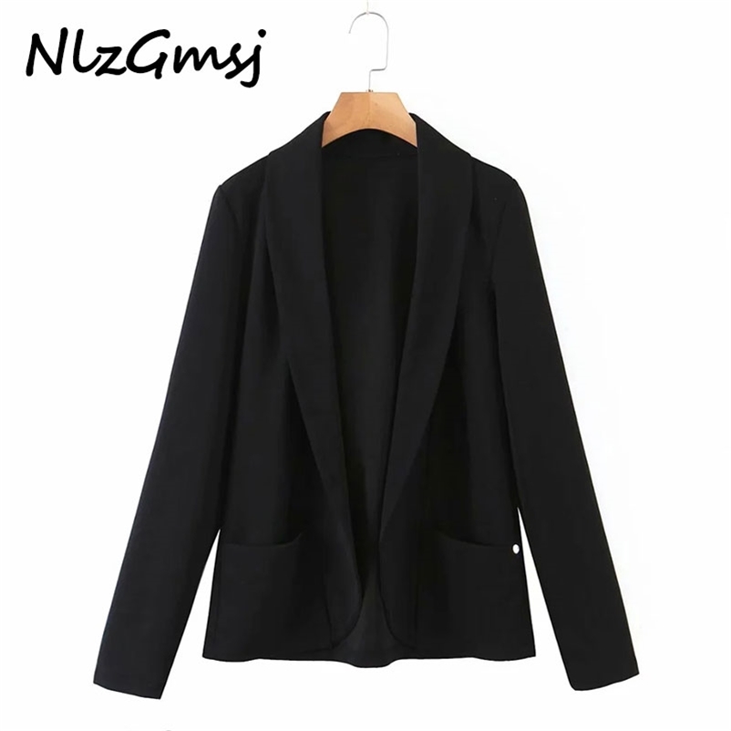 

Blazer Women Solid Black Coat Vintage Notched Collar Pocket Fashion Female Casual Chic Tops 05 210628, As picture