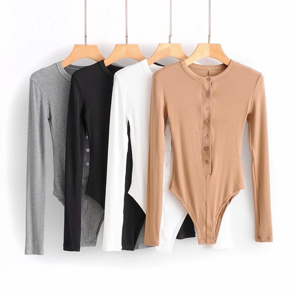 

t shirt autumn and winter temperament pullover round neck long sleeve breasted slim even solid color body women's wear, White
