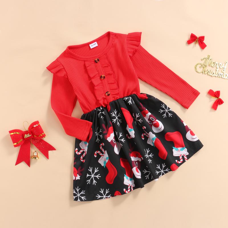 

Girl's Dresses Toddler Girl Christmas Dress Long Sleeve Cartoon Print Rib Knit Button Front Ruffle, Red;yellow