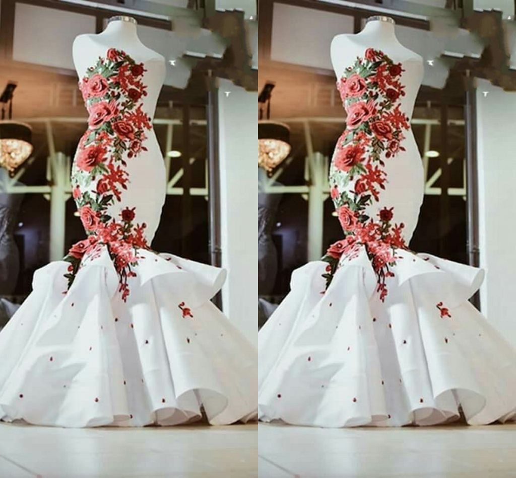 

Gorgeous Red and White 3D Floral Flowers Mermaid Wedding Dress 2022 Sweetheart Satin Beading Ruched South Arabic Country Designer African Court Train Bridal Gowns, Yellow