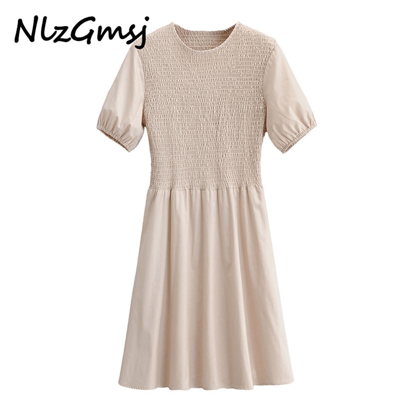 

Dres Summer Solid O Neck Puff Short Sleeve Ladies Midi Vestido 210628, As picture