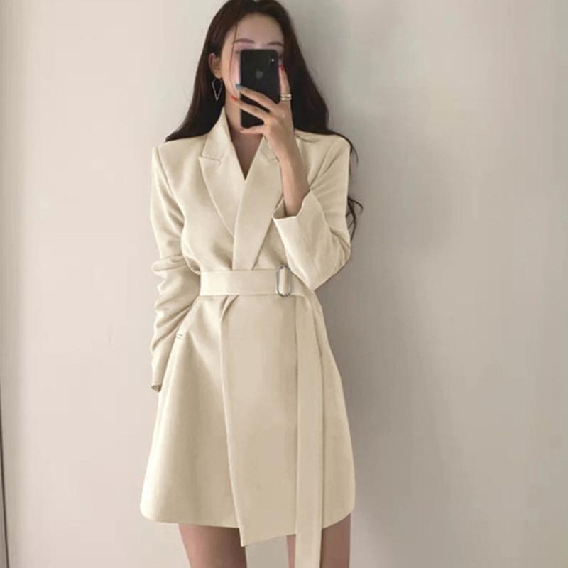 

Women' Suits & Blazers Spring Autumn Women Long Jacket With Belt Female Notched Outwear Office Lady Coat England Style Cardigan Blazer, Black