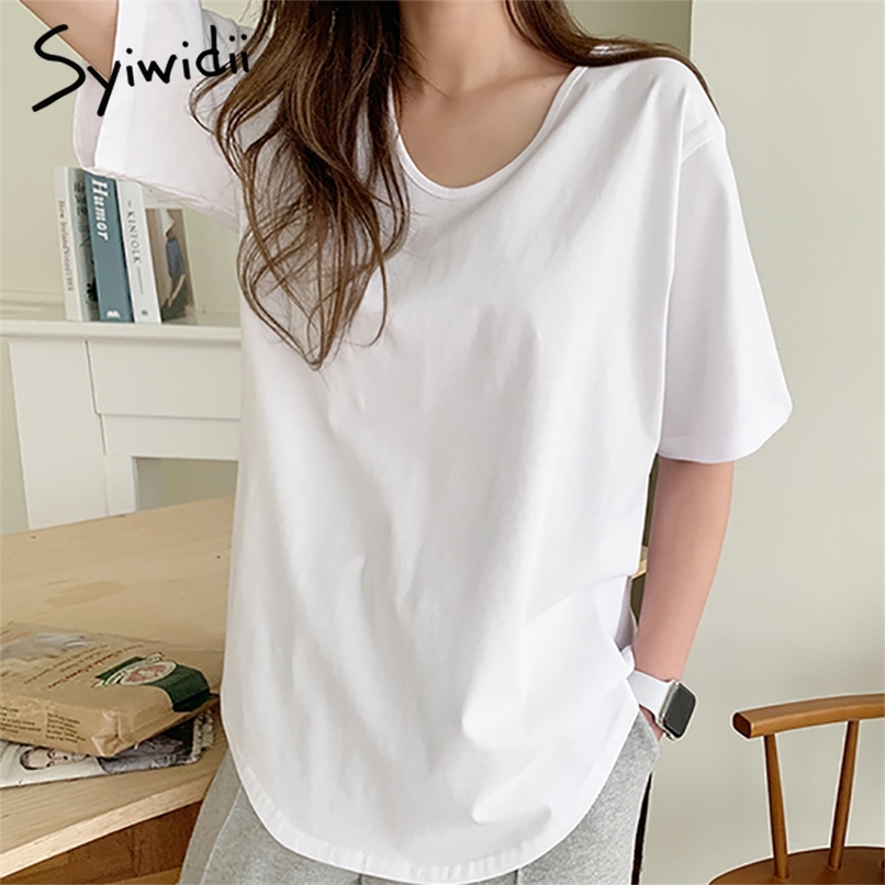 

Casual T-shirts Women Short Sleeve Home Tops O-Neck White Loose Clothes Summer Cotton Korean Fashion Shirts 210607