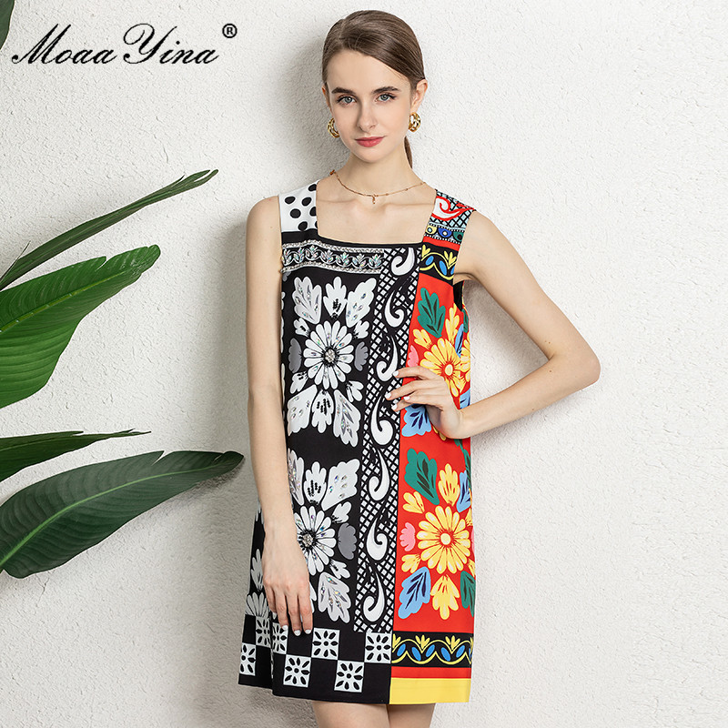 

Fashion Designer Summer Vintage Spaghetti Strap Dress Women's Beading Floral print Short Party Vestidos 210524, Multi