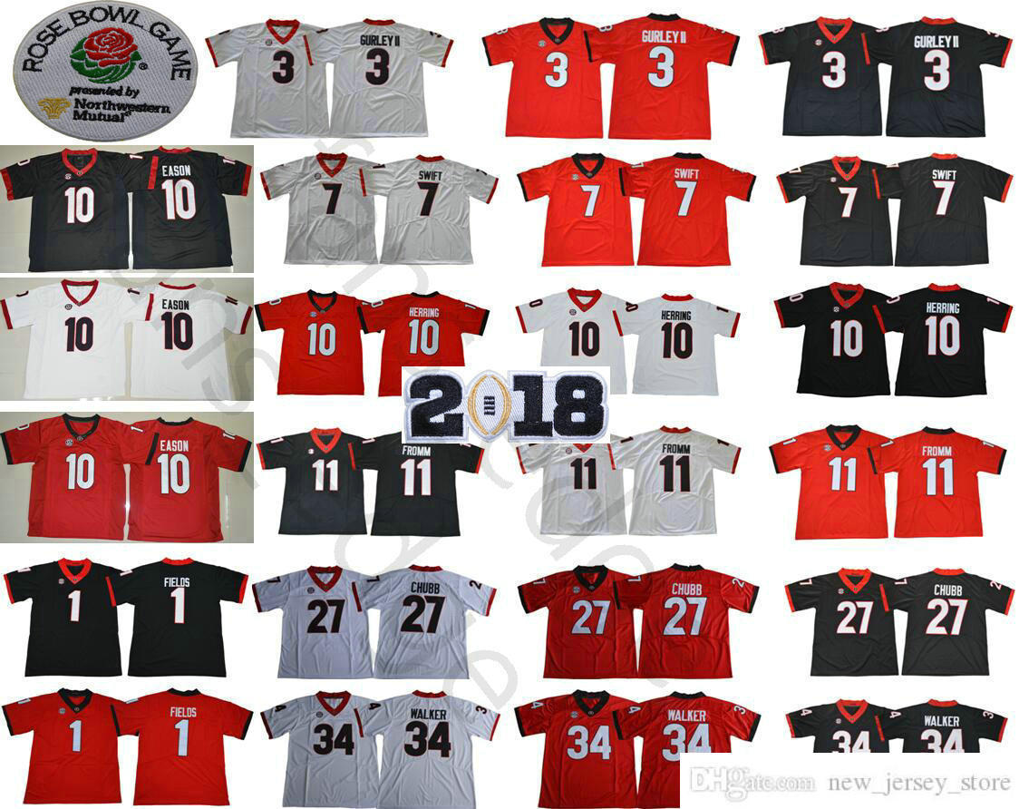 

NCAA Georgia Bulldogs College Football Wear 1 Justin Fields 3 Roquan Smith 7 DAndre Swift 10 Jacob Eason 11 Jake Fromm 2018TH Rose Bowl Championship Jersey, Same as picture