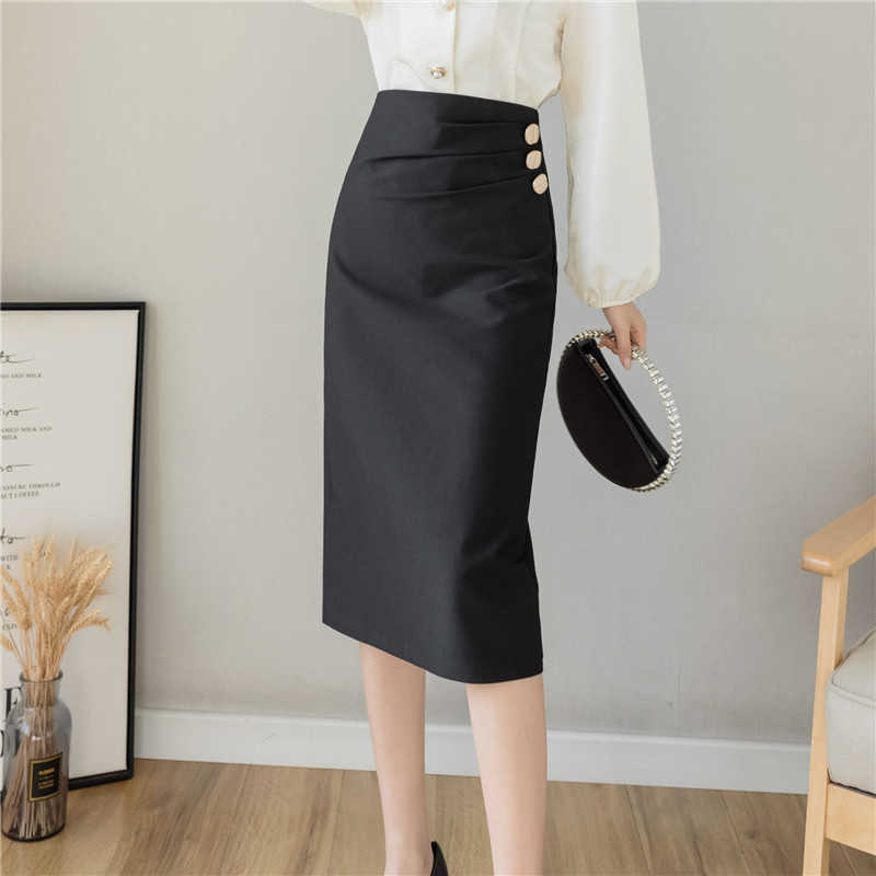

Women's Professional High Waist Black Skirt Slim Temperament Mid-length Wear Female Package Hip Skirts 210527