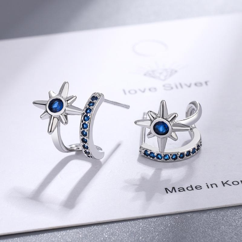 

Stud Blue Diamond Fashion Female Six-Pointed Star Ear Clip Rings, Golden;silver