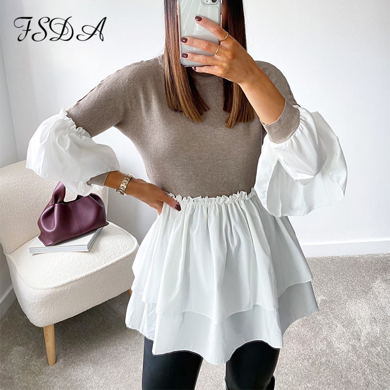 

FSDA Ruffles Patchwork 2021 Casual Dress A Line Long Puff Sleeve Black Turtleneck Autumn Winter Wrap Party Khaki Mini Dresses