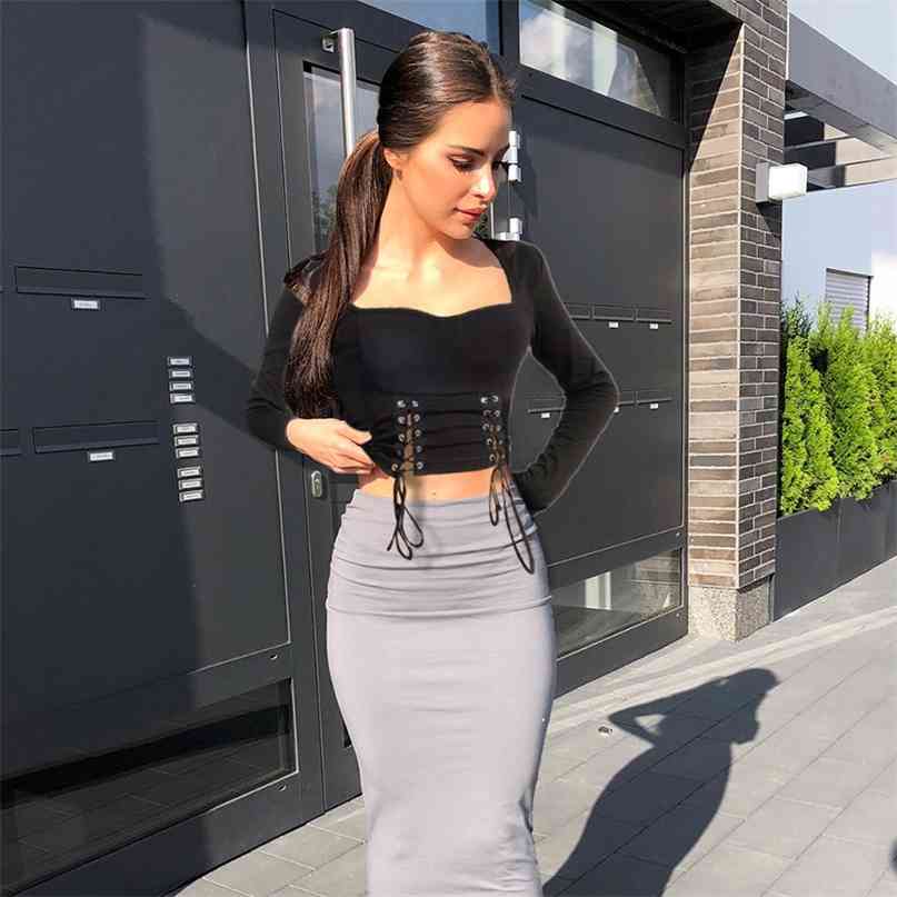 

Women Black Square Collar t shirt Cropped Bandage Hollow Out Long Sleeve t High Street tee femme Crop Top 210607