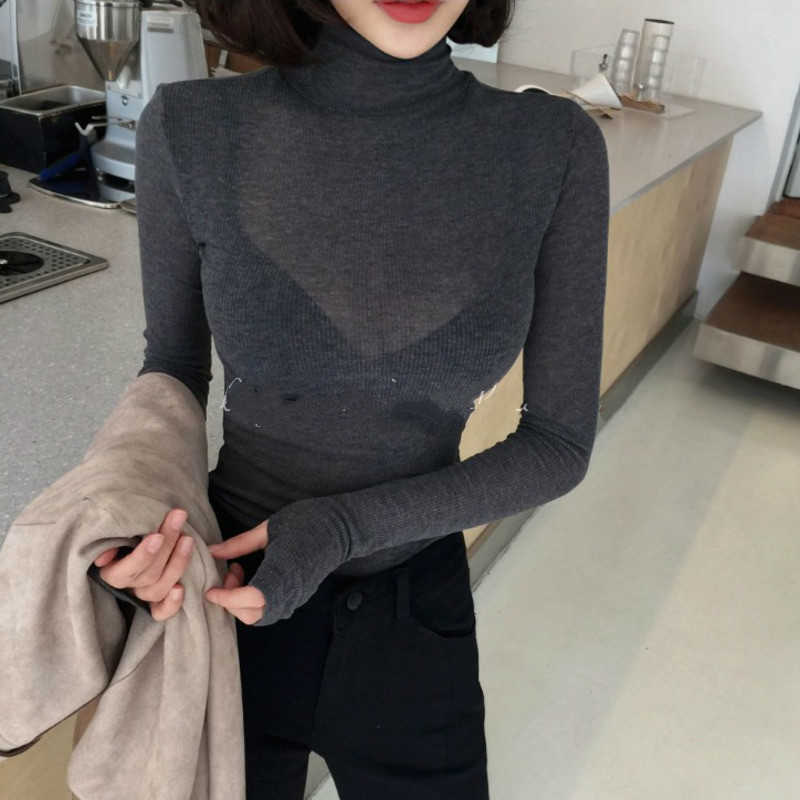

WOMENGAGA Korea's Spring Summer Top Transparent Grey Turtleneck Ruffle Slim Bottomed T Shrit Tops Befree Vintage EAS8 210603, Gray