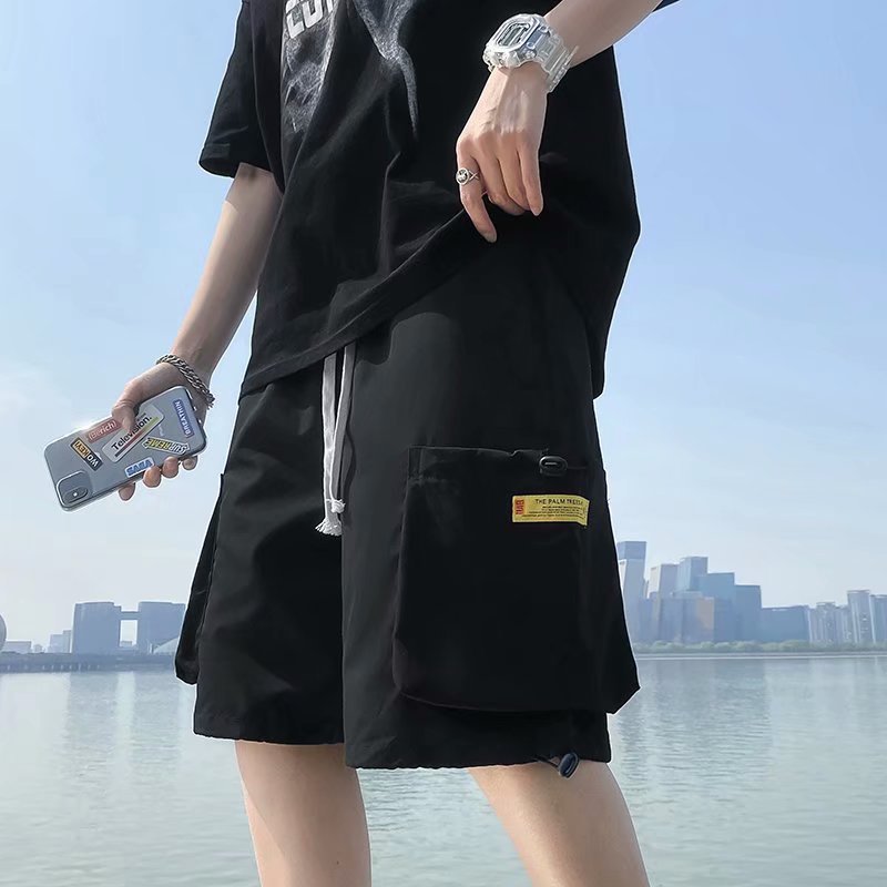 

2021 Xia Xian thin overalls shorts men's trendy plus size loose Korean student basketball hip-hop sports five-point pants, Black
