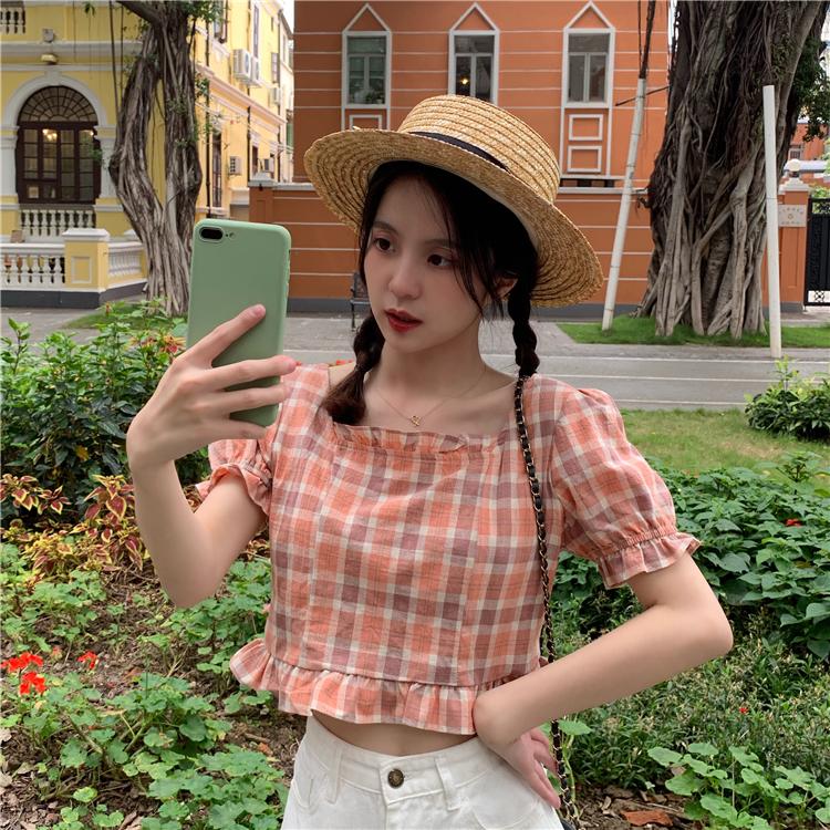 

Summer Korean Retro Square Collar Bubble Sleeve Blouse Teen Girls Student Sweet Plaid Shirt Female Short Tops Mori Girl Women's Blouses & Sh, White