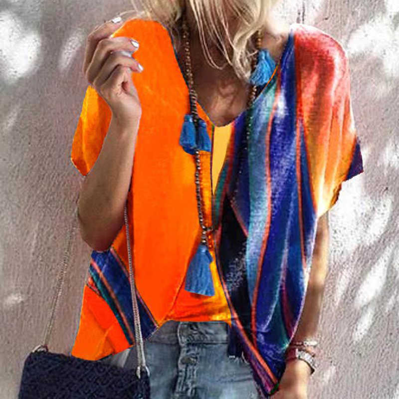 

Summer Contrasting Color Patchwork O Neck Short Sleeve Women T Shirt Casual Loose Plus Size Streetwear Ladies Tops 210608, Sky blue