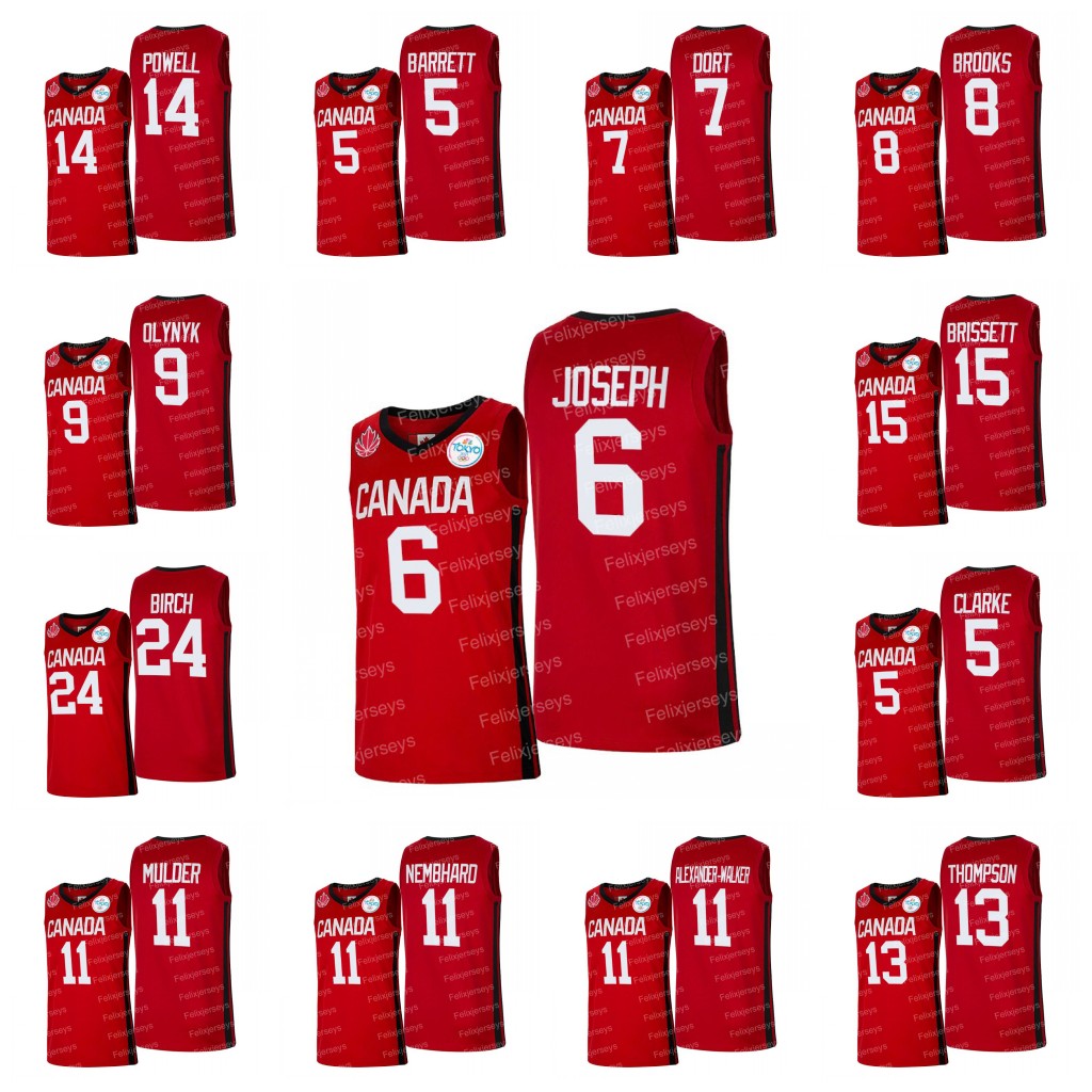 

Canada Team 2021 Tokyo Olympics Basketball Jersey 6 Cory Joseph 5 R.J. Barrett 8 Dillon Brooks 13 Tristan Thompson 14 Dwight Powell 24 Khem Birch 15 Oshae Brissett, 5 brandon clarke