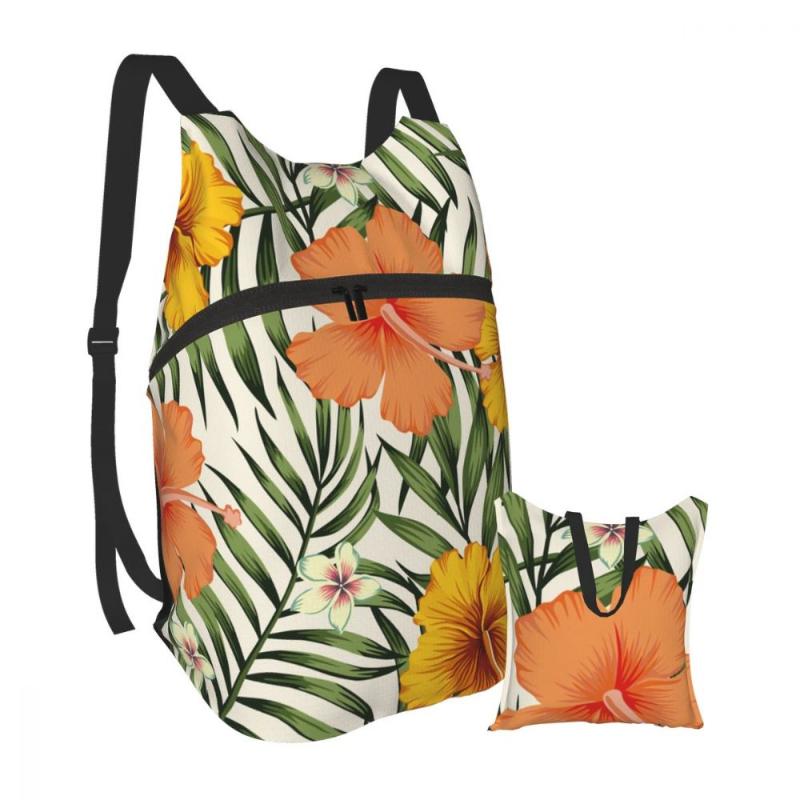 

Backpack Packable Foldable Outdoor Folding Handy Travel Bag For Men Women Tropical Exotic Plumeria Palm Leaves Illustration, One color