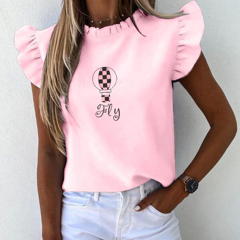 

Solid Air Balloon Fly Print Women T-shirt Top Plus 3 XL Ruffle O-neck Loose Casual T-shirts For Girls Summer Lady Tops 210518, Pink
