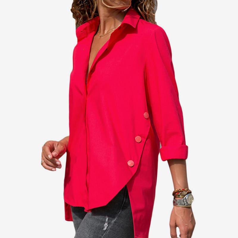 

Women' Blouses & Shirts V Neck Chiffon Solid Irregular Female Blouse With Buttons Office Lady 2021 Autumn Long Sleeve Tops Plus Size 5XL, Black