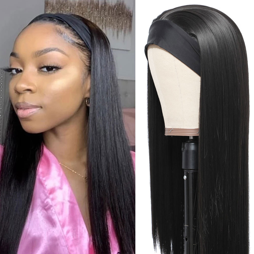 20 30inch Long Straight Headband Wigs Heat Resistant Synthetic Hair Wig Machine Made Wig For Black Women none lace wigs-image-725060320