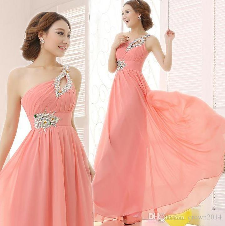 

Cheap Under 50 Sexy One Shoulder Chiffon Bridesmaid Dresses Long Blush Pink Pleated Beaded Evening Dresses Prom Gowns Party Homecoming Dress