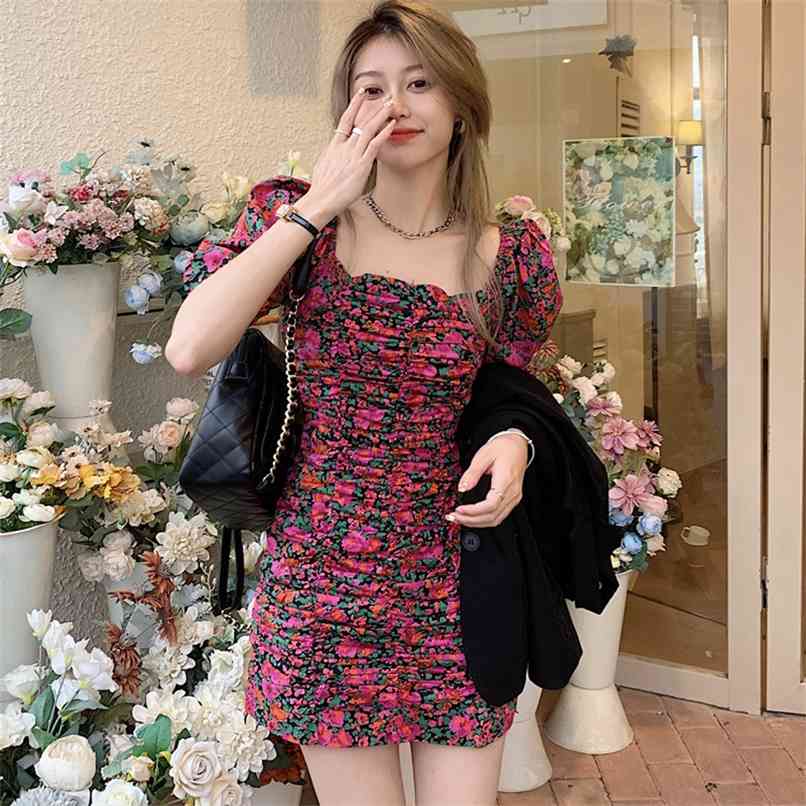 

Retro square collar print exposed clavicle slim slimming short skirt bag hip dress summer fashion women's clothing 210520, Red