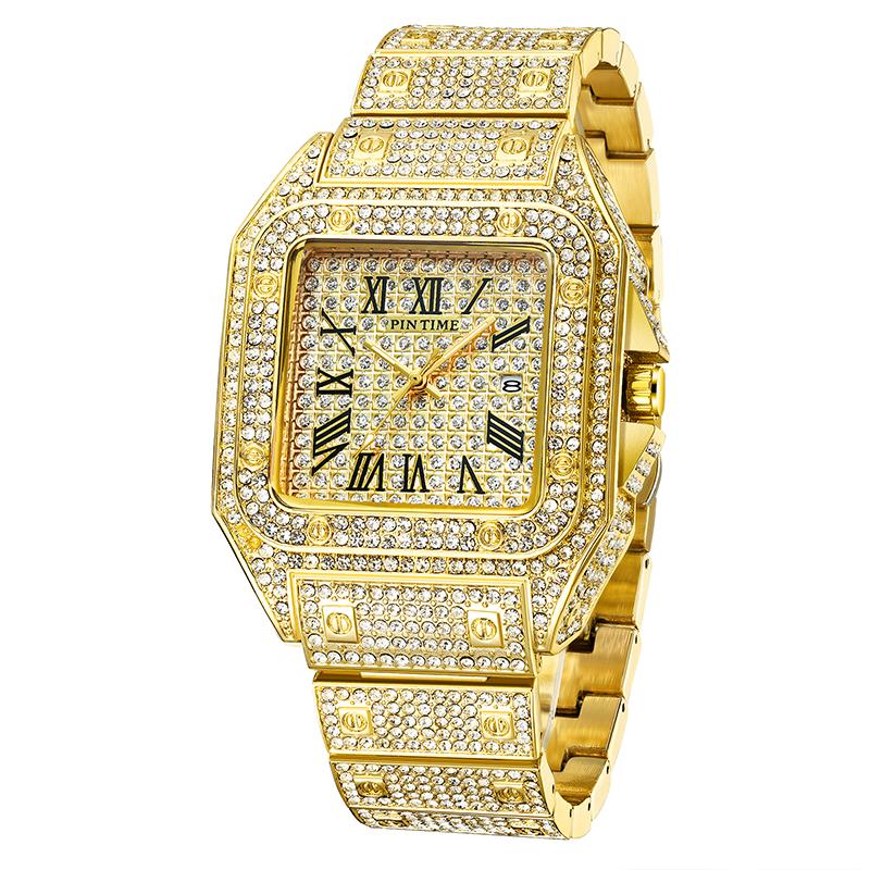 

Wristwatches PINTIME HIP HOP Men Watch Diamond Iced Out Calendar Male Quartz Wristwatch Relogio Masculino Reloj Hombre, Black