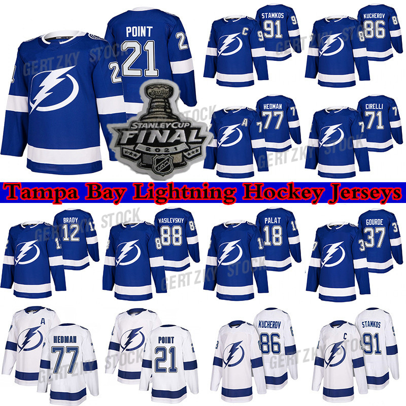 

Tampa Bay Lightning Jersey 2021 Stanley Cup Finals 86 Nikita Kucherov 77 Victor Hedman 91 Stamkos 21 Brayden Point 71 Cirelli hockey jerseys, White