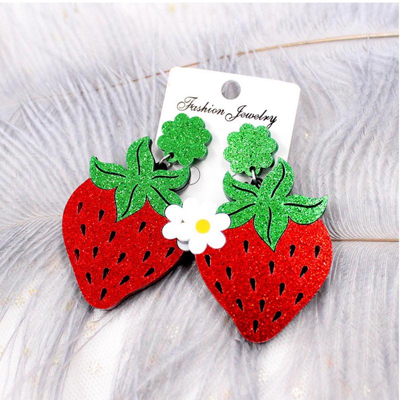 

Cute Strawberry Acrylic Drop Earrings For Women Red Fruits Dangle Party & Chandelier, Silver