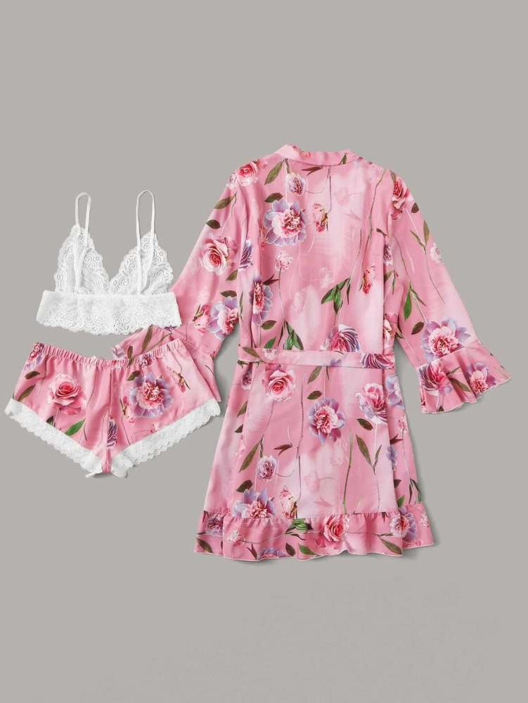 

sexy summer fun pajamas three piece elastic satin allure women lace transparent