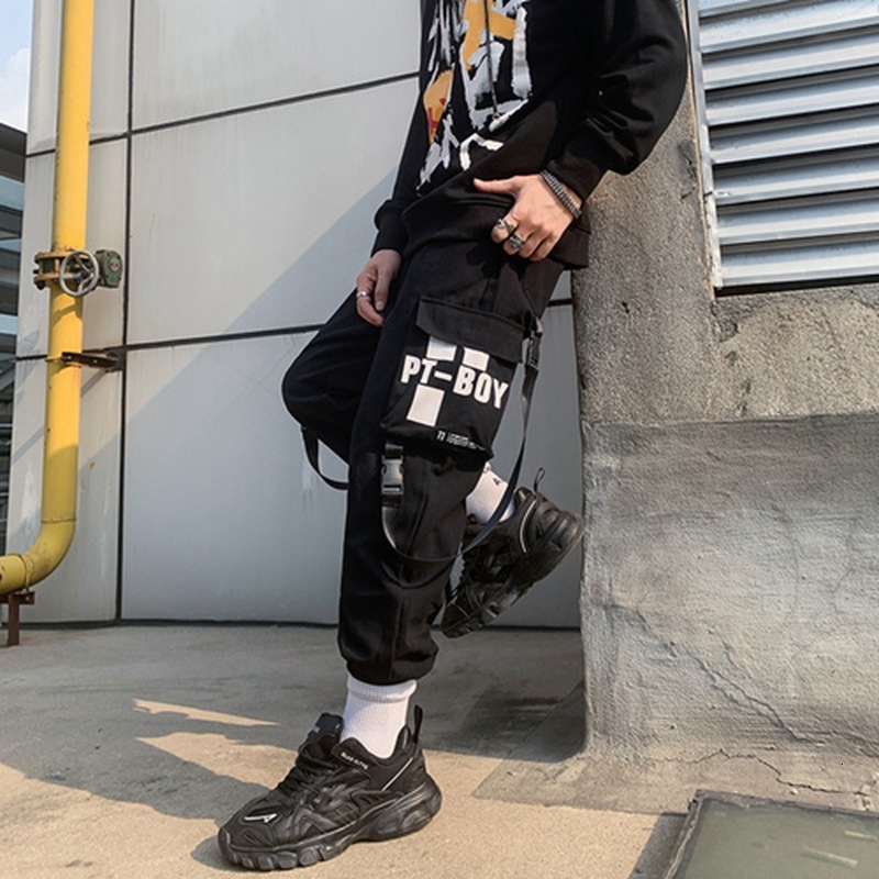 

pants trousers guochao simple multi pocket overalls harem men's 2021 loose high street hip hop sports leggings, Black