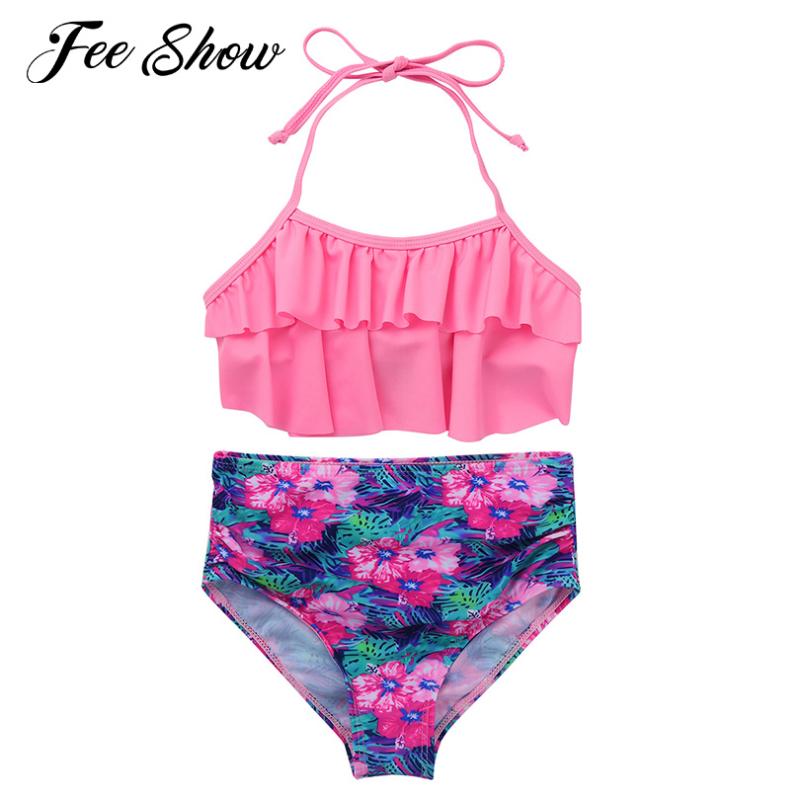 

Kids Girls Tankini Beachwear Adjustable Halter Swimwear Swimsuit Bathing Suit Sets Ruffled Tops Floral Printed Bottoms Quick Dry One-Piece S