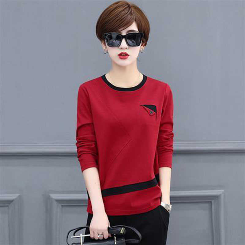 

Simple Style Women Spring Autumn T Shirts Lady Casual Slim O-Neck Flower Printed Tees Shirt Tops with Pocket DF2062 210609, Red