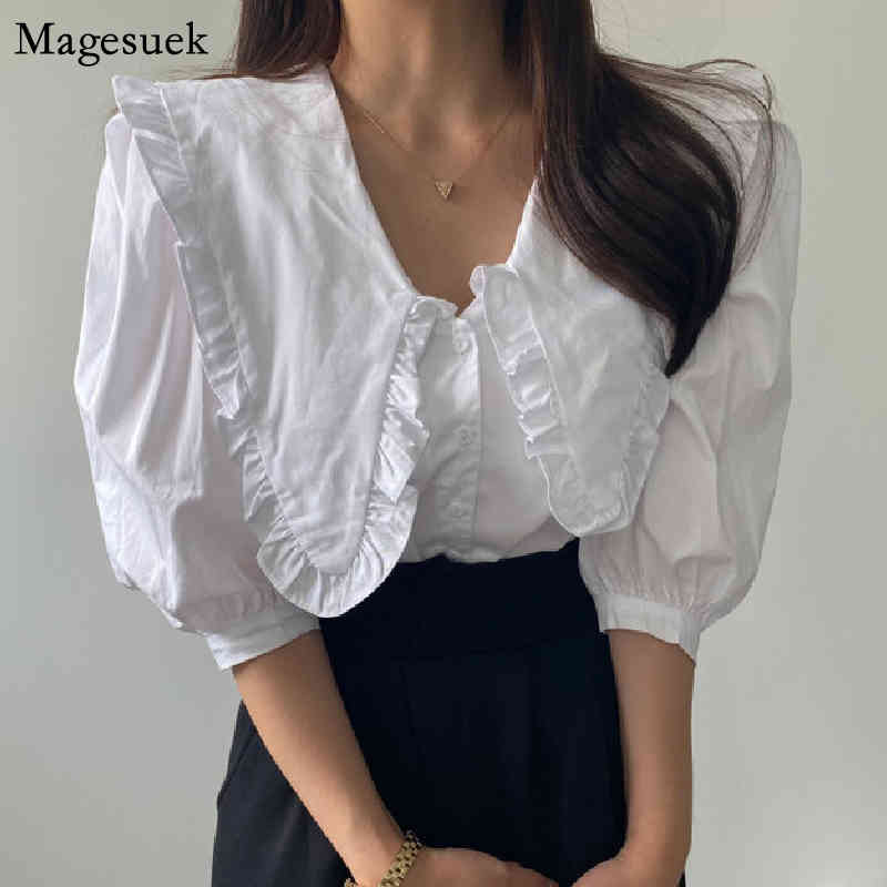 

Korean Sweet Peter Pan Collar Lace Ruffled Shirt Women Summer Puff Half Sleeve Female Blouses Vintage Loose Ladies Tops 14252 210518, White
