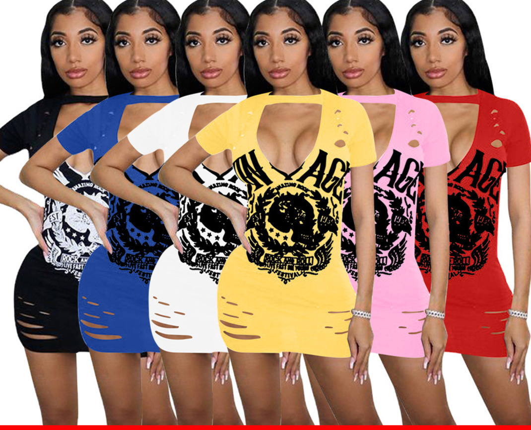 

2021 summer sexy hollow printed burnt out short sleeve dress fashions casual woman dresses models for women, Mix colours or leave a message