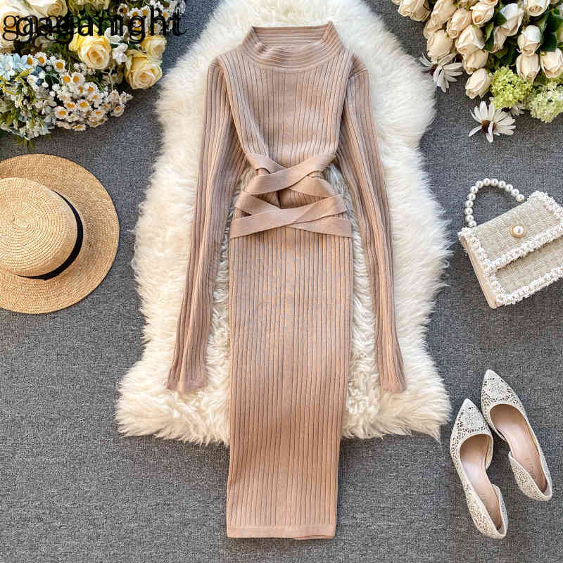 

Gaganight Korean Fashion Women Bodycon Knitted Maxi Dress Long Sleeve O Neck Bandage Solid Dresses Female Spring Autumn Vestidos 210519, Apricot