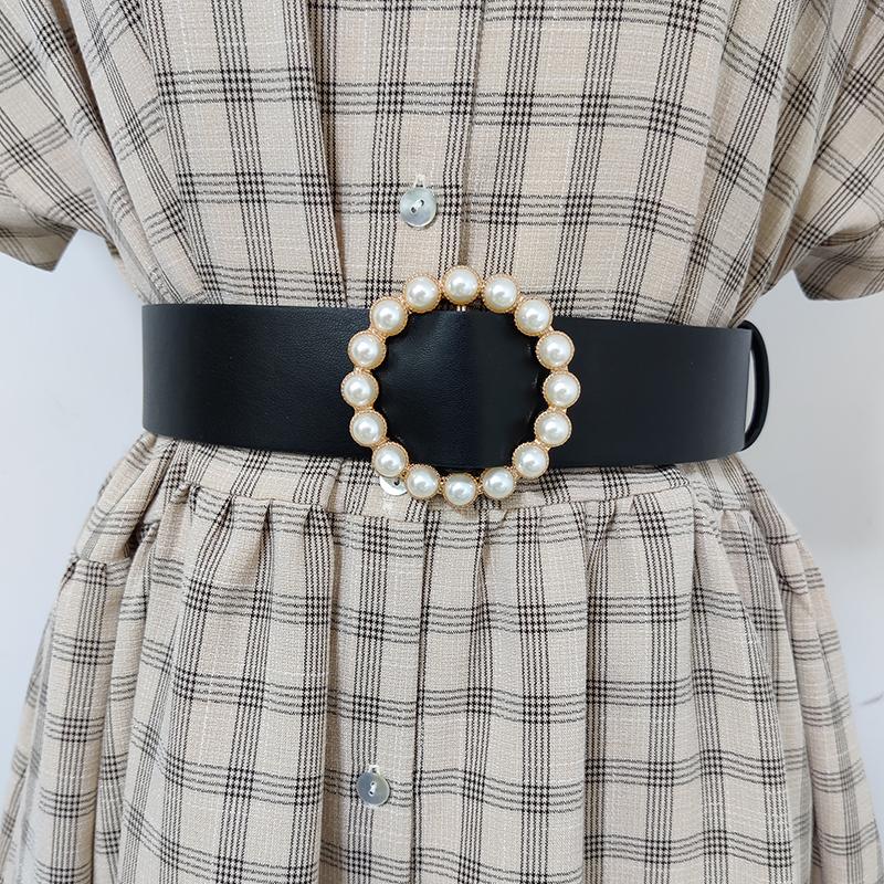 

Plus Size Corset Belt Wide Designer Cinturon Mujer Big Pearl Belts For Women Dress No Pin Cummerbunds High Quality, Black;brown