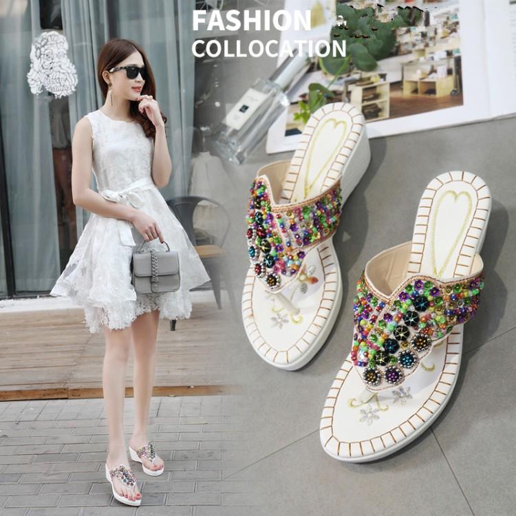 

Slippers PXELENA Crystal Bohemia Beach Flip Flops Womens Colorful Beads Wedge High Heels Summer Lady Shoes Ethnic Outside Slides, Black