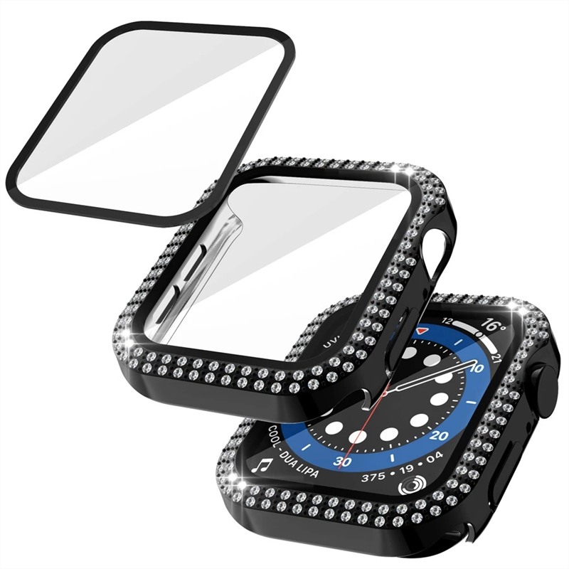 

Two-row Diamond Case for Apple Watch Series 6 SE 5 4 PC Frame+Tempered Glass Full Screen Protector Cover Bumper