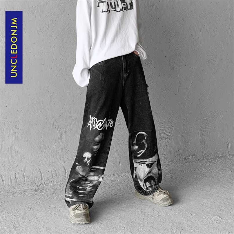 

UNCLEDONJM character print jeans streetwear women denim for men hip hop pants fashion baggy punk 2006--01 211108, Black
