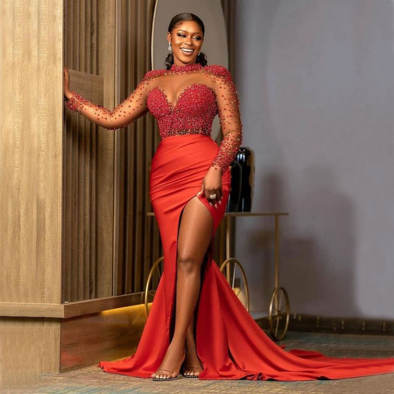 

Red Mermaid Beaded Evening Dresses High Neck Long Sleeves Prom Gowns Sweep Train Split Side Satin Formal Dress, Yellow