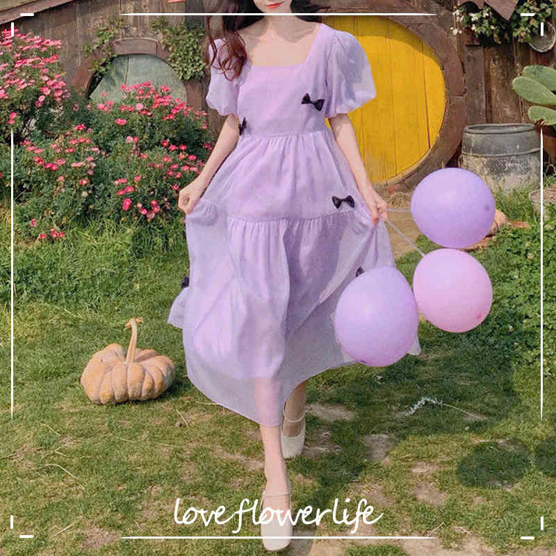 

Summer Elegant Midi Dresses Women Casual Basic Beach Dress Korean Fashion Square Collar Kawaii Dress Females Bow Design 210521, Purple