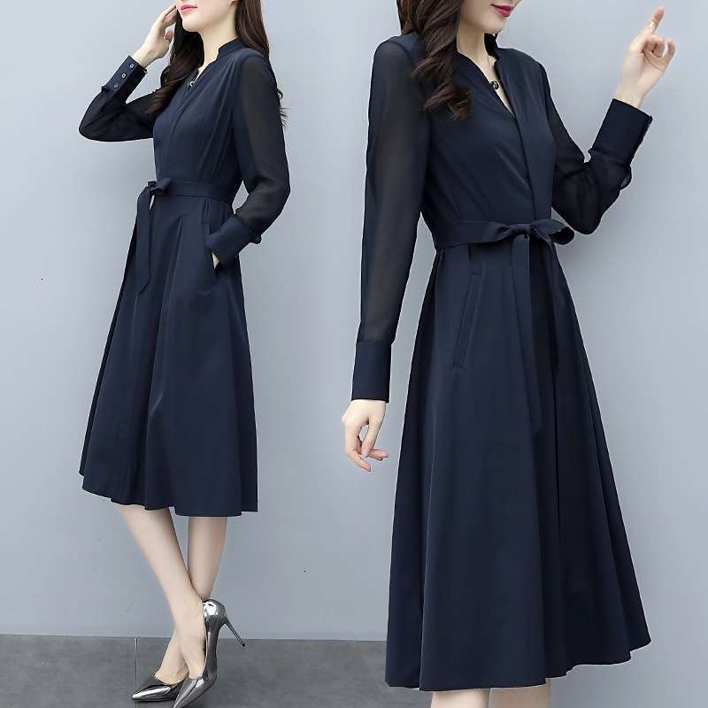 

Dresses spring Casual women' dress V-neck waistband slim with French long sleeve elegant Chiffon skirt, Navy