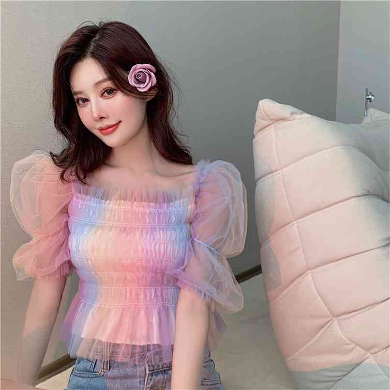 

Fashion Women's Chiffon Shirt Summer Design Sense Mesh Slim Short Puff Sleeve Rainbow Top 210520, Rainbow color