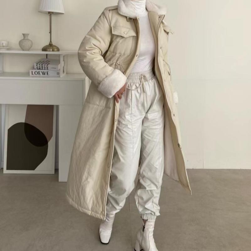 

Women's Trench Coats Korean Retro Lapel Pocket Loose Long Coat Keep Warm Thickened Down Solid Color Stand Up Collar Women Casacos Acolchoado, Black