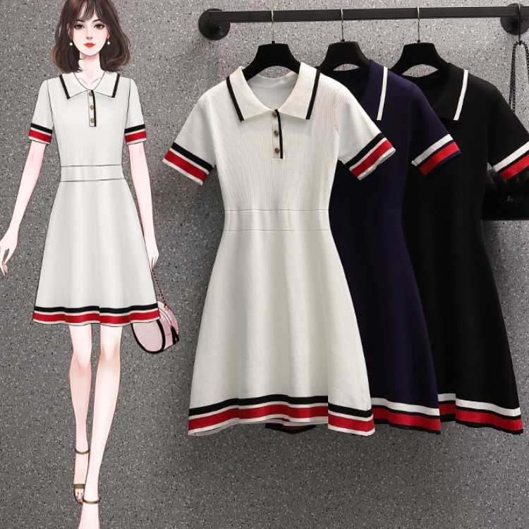 

Fashion Women Contrast Striped Lapel Knitted Dresses Elegant Short Sleeve Casual Slim Dress Plus Size 210526, Photo color