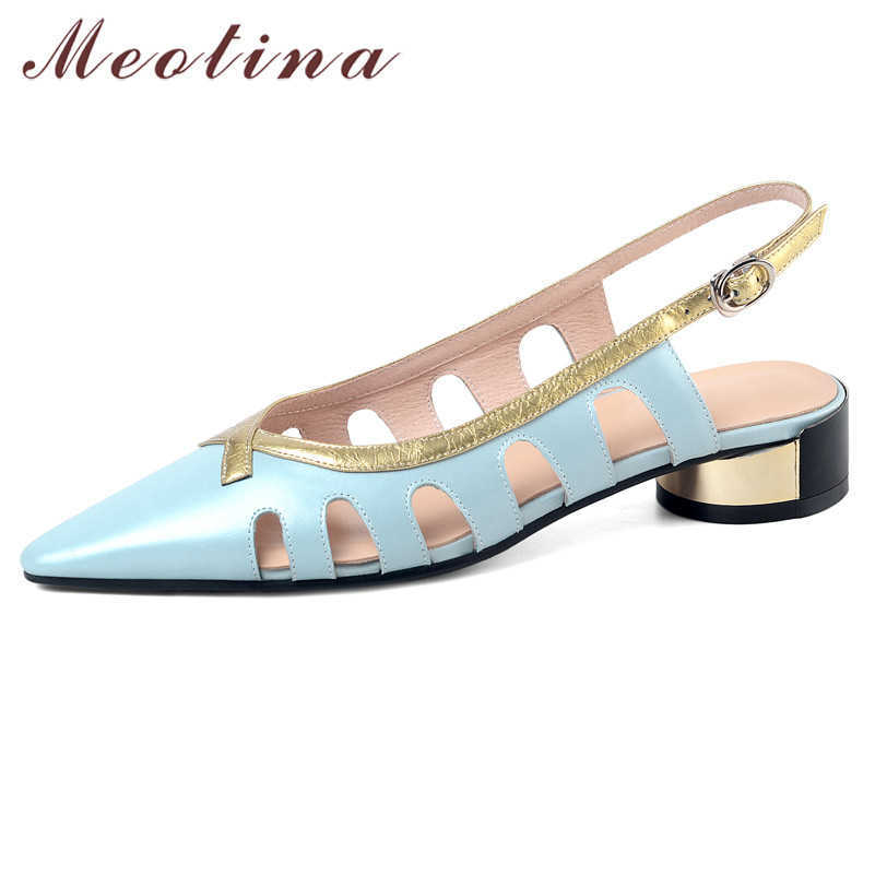 

Meotina Shoes Women Cutouts Real Leather Mid Heel Sandals Pointed Toe Thick Heels Buckle Strap Lady Sandals Summer Blue Size 42 210608