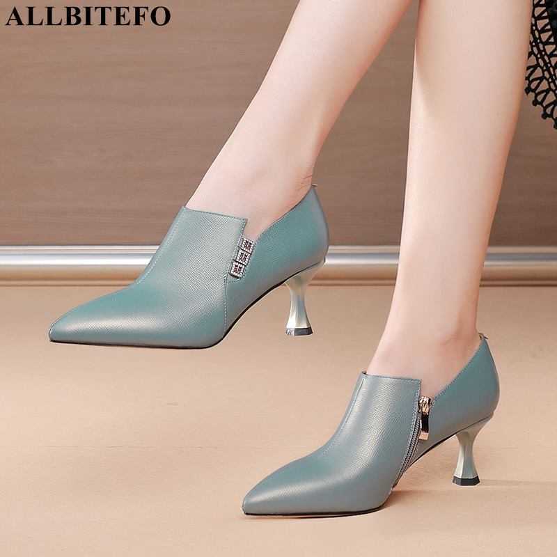 

ALLBITEFO size 34-42 comfortable genuine leather high heels white blue fashion high heel shoes women heels party wedding shoes 210611, As picture