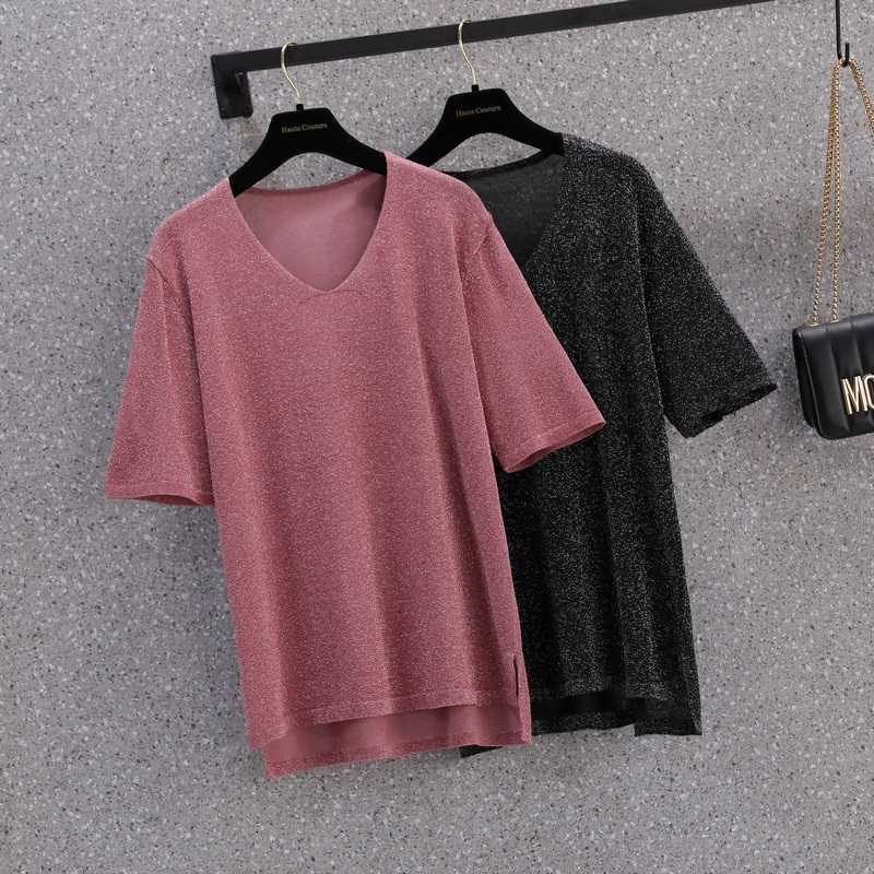 

M- plus size women Summer thin kintting sweater pullover short sleeve v neck solid Korea Oversized sweaters T-shirt 210604, Purple